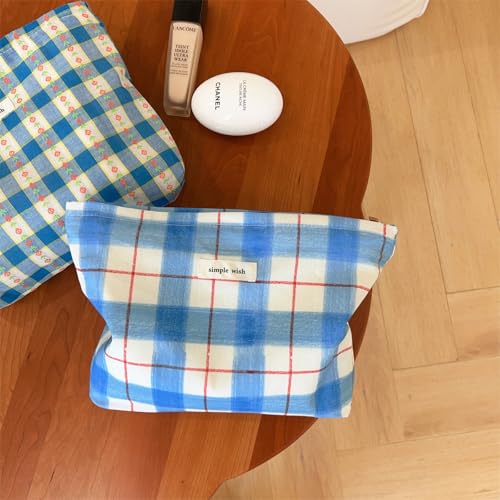 Wudygirl Makeup Bag Canvas Cosmetic Bag for Women Aesthetic Makeup Organizer Travel Makeup Pouch Toiletry Bag Pouches for Purse Cute Zipper Pouch Handbag (Blue White Line) - color: BLWH Line