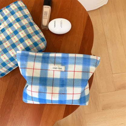 Wudygirl Makeup Bag Canvas Cosmetic Bag for Women Aesthetic Makeup Organizer Travel Makeup Pouch Toiletry Bag Pouches for Purse Cute Zipper Pouch Handbag (Blue White Line) - color: BLWH Line