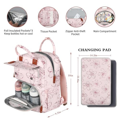 Diaper Bag Backpack, Large Diaper Backpack with Portable Changing Pad, Baby Diaper Bags for Girls, Multifunction Floral Travel Backpack for Moms Dads with Insulated Pockets and Stroller Straps