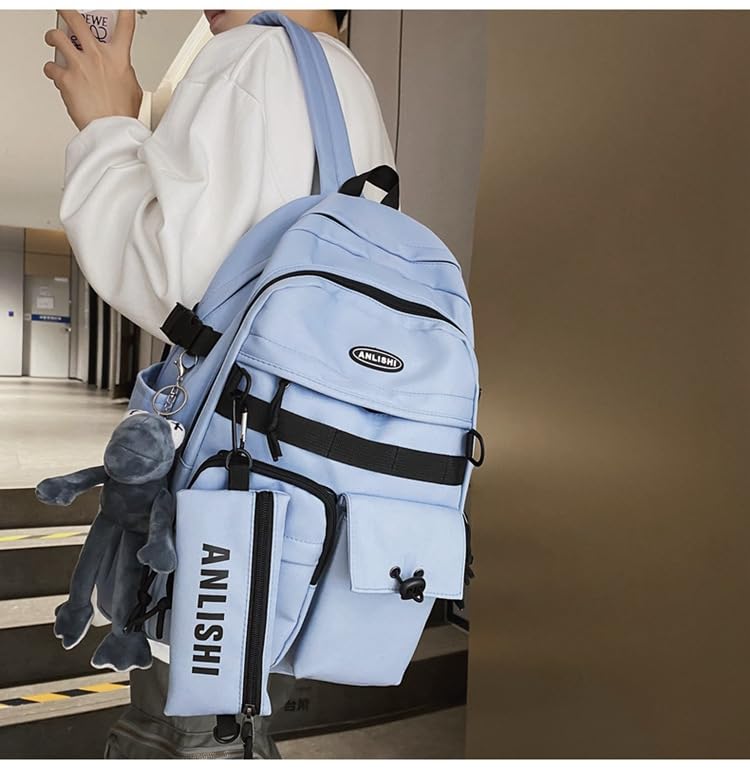 Urban Cargo Backpack, Multi-Pocket Nylon Daypack with Detachable Pouch & Plush Charm for Commute, Travel & Daily Use (blue) - color: Blue
