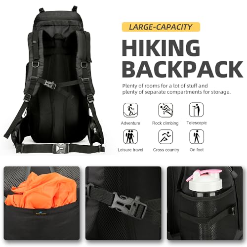 King'sGuard 60L Hiking Backpack for Men and Women Lightweight Camping Hiking Backpack with Rain Cover Large Waterproof Travel Backpack Backpacking Pack (Black) - color: Black