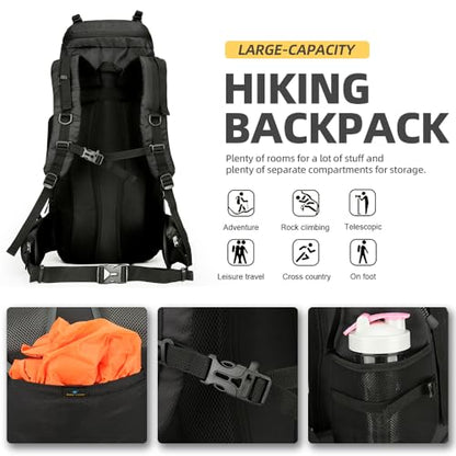 King'sGuard 60L Hiking Backpack for Men and Women Lightweight Camping Hiking Backpack with Rain Cover Large Waterproof Travel Backpack Backpacking Pack (Black) - color: Black