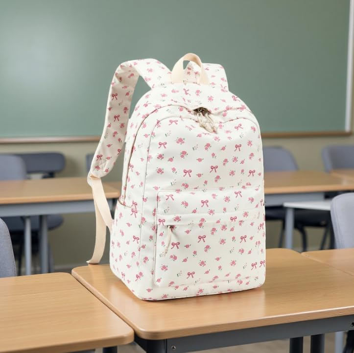 Bluboon School Backpack for Teen Girls Women Laptop Backpack College Bookbags Middle School Travel Work Commuter Back Pack - color: Beige Bow Tie