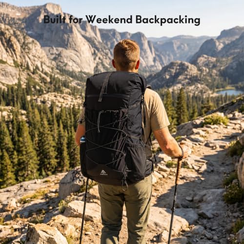 Haimont 40L+15L Roll-Top Backpacking Pack with Rain Cover, Black | Expandable 55L, Hip Belt Support, Sleeping Pad Carry, Pole Attachments, YKK & Duraflex - color: Black