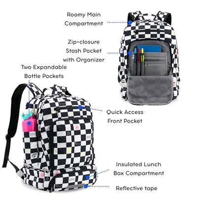 J World New York 2-in-1 Insulated Backpack Lunch Box for Kids. Adult School Bookbag, Icon Checkers, 17 x 13 x 9 Inches - color: Icon Checkers