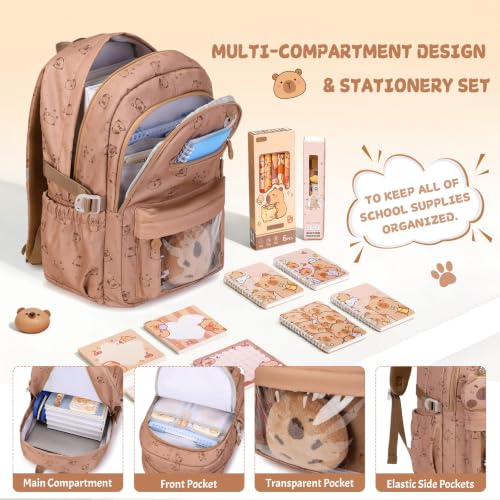 Capybara Theme Backpack for School Girls, 35PCS Kids Backpack Set with School Supplies Stationery Kit Lunch Box Pencil Case, Cute Girls Bookbag for Kindergarten Elementary Student - color: Brown
