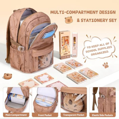 Capybara Theme Backpack for School Girls, 35PCS Kids Backpack Set with School Supplies Stationery Kit Lunch Box Pencil Case, Cute Girls Bookbag for Kindergarten Elementary Student - color: Brown