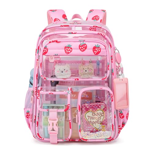 Clear Backpack for School,Transparent Backpack Stadium Events,Heavy Duty Clear Bookbag for Girls,Boys,Work,Sport Pink Strawberry - color: Pink Strawberry