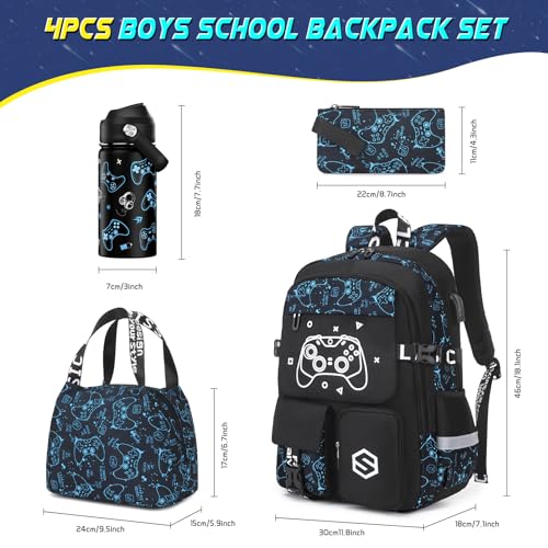 Scothen Boys Backpack, Cool Luminous Gamer School Backpacks for Boys with 14oz Insulated Water Bottle Lunch Bag Pencil Case, Kids Backpack Book Bags for Kindergarten Elementary Middle School - color: Blue Pattern