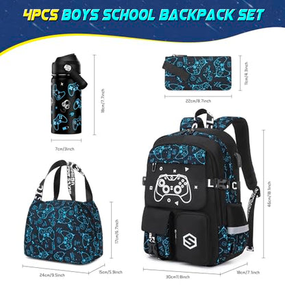 Scothen Boys Backpack, Cool Luminous Gamer School Backpacks for Boys with 14oz Insulated Water Bottle Lunch Bag Pencil Case, Kids Backpack Book Bags for Kindergarten Elementary Middle School - color: Blue Pattern