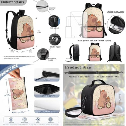 3Pcs Kid Backpack Set Backpack with Lunch Bag Pencil Case 3 Pack Set Elementary School Bag Bookbag 17 Inch Daypack Cute Capybara Bookbag - color: Cartoon Print
