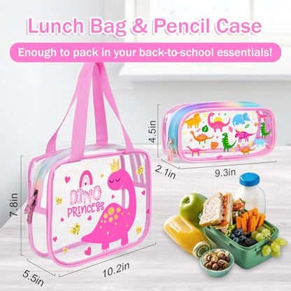 SHPMXUPW 3PCS Clear Pink School Backpack for Kids - Dinosaur Backpack for Girls 4-8, Heavy Duty Transparent Pink Bookbag with Lunch Bag and Pencil Case - See Through PVC Transparent Bookbag - color: Pink-Dinosaur