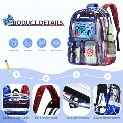DIGOBAY 3PCS Cool Luminous Clear Backpack for Boys Kids, Gamer Clear Bookbag for School, See Through PVC Transparent Backpacks with Lunch Bag Pencil Case, Backpack Heavy Duty for School Stadium - color: Red-blue Lightning