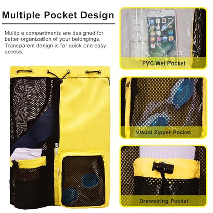 Mesh Beach Backpack with Wet Pocket Drawstring Pool Bag Waterproof Swimming Bag Gym Backpack for Men & Women - color: Yellow