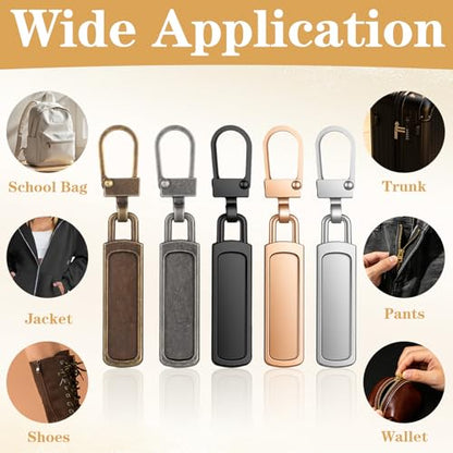 Shimmeroo 10PCS Luggage Zipper Pull Replacement, 2-Inch Universal Zipper Tab Helper for Dresses, Jacket, Backpacks, 5 Colors in Black+Silver+Gold+Brown+Copper