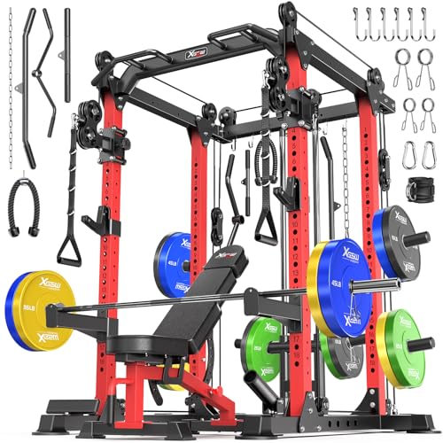 Power Rack Power Cage Multi-Function Squat Rack with Cable Crossover System Selectable More Training Attachment Power Rack for Garage & Home Gym - color: Red, size: F set L02+Weight Bench+（pole+Color BP）258LBS