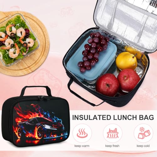 Scothen 3PCS Boys Backpack Set, Cool Backpack for Boys with Lunch Bag & Pencil Case, Kids School Bag Teen Boy Bookbag for Kindergarten Elementary Middle School with USB Charging Port - color: Red Flame Race Car