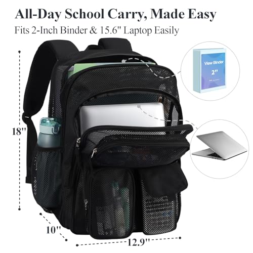 PACKISM Mesh Backpack for School - 18 Inch Extra Large Heavy Duty Mesh Bookbag for Boys Girls, See Through School Backpack with 3 Front Pockets for Students, Black (Age 12+) - color: 03 Black, style: 18“ Pro Series (3 Front Pockets)