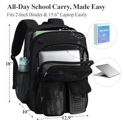 PACKISM Mesh Backpack for School - 18 Inch Extra Large Heavy Duty Mesh Bookbag for Boys Girls, See Through School Backpack with 3 Front Pockets for Students, Black (Age 12+) - color: 03 Black, style: 18“ Pro Series (3 Front Pockets)