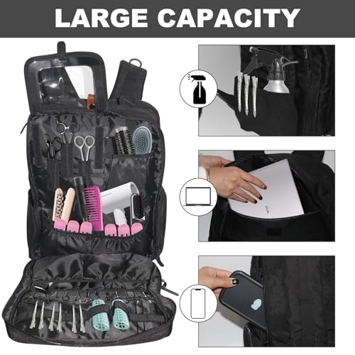 Barber Organizer Backpack for Clippers and Supplies, Water-Resistant Hairstylist Travel Bag with Adjustable Dividers, Cosmetology Bag with 3 Compartments, Fits 15-Inch Laptop
