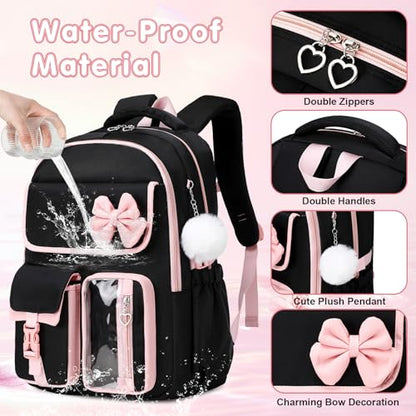 GeeWin Girls Backpack for School with Lunch Box & Pencil Case Set, 17 Inch Waterproof Cute Bow Girls Bookbag for Kids, Teens, Elementary Middle High College School Student (Black/Pink) - color: Black Pink