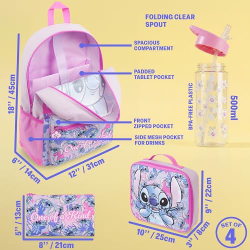 Get Trend Disney Stitch Kids Backpack 4 Piece Set | 18 inch Bookbag, Insulated Lunch Bag, Zipped Pencil Case & BPA-Free Water Bottle for School & Travel, Gifts for Girls - color: Multi Stitch