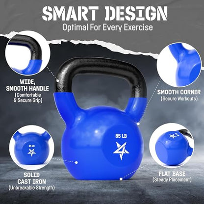 Yes4All Kettlebell, 5-100 LB Vinyl Coated Cast Iron Strength Training Kettlebells for Home Gym Exercises, Fitness, Full Body Workout Equipment, Push Ups, and Grip Strength - color: R. 85LB - Dark Blue, style: Vinyl Coated
