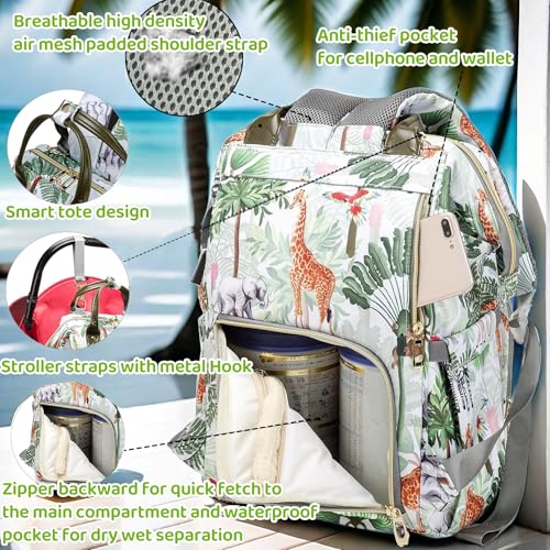 Tropical Rainforest Diaper Bag Backpack,Animal Nappy Backpack with Coin Bag USB Charging Port Stroller Straps and Insulated Pocket For Women/Mom/Travel (Animal Pattern) - color: White
