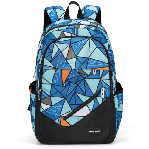 Boys' Large School Backpack, for 8-16 Years Old, Elementary - High School (Geometric Blue, Large：19.5×7.2×13.25 inch) - color: Geometric Blue