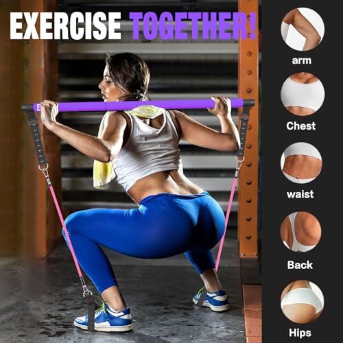 Bbtops Pilates Bar Kit with Resistance Bands,Pilates Bar with Stackable Bands Workout Equipment for Legs,Hip,Waist and Arm,Exercise Fitness Equipment for Women & Men Home Gym Yoga Pilates - color: Hot Purple