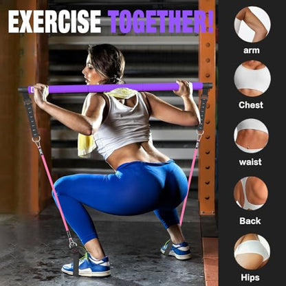 Bbtops Pilates Bar Kit with Resistance Bands,Pilates Bar with Stackable Bands Workout Equipment for Legs,Hip,Waist and Arm,Exercise Fitness Equipment for Women & Men Home Gym Yoga Pilates - color: Hot Purple