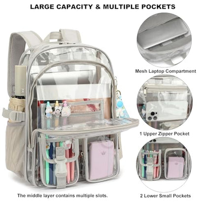 Clear Backpack Heavy Duty Transparent Backpacks Stadium Approved for School Work Sport Travel (Grey), Large - color: Grey
