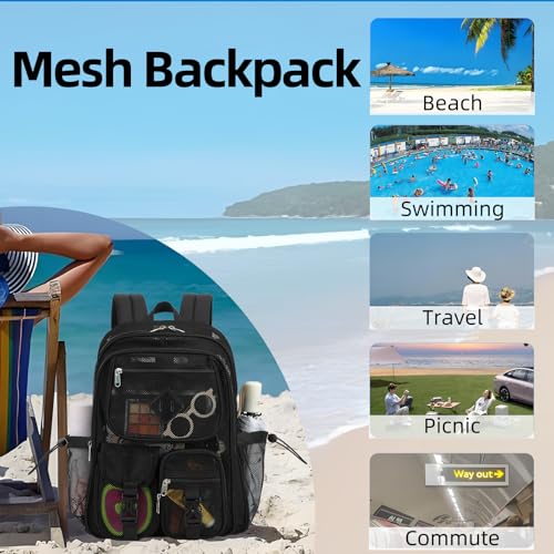 Black Mesh Backpack for Girls Boys, Mesh Bookbags Heavy Duty Semi-Transparent School Bag for College, Travel, Beach, Swimming, Sports - color: Black