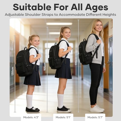 School Backpack for Girls Boys, 15.6 Inch Waterproof Travel Laptop Backpack for Women Men, Lightweight Durable College High School Book bag, Black