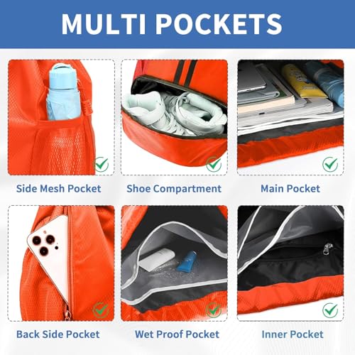 Drawstring Backpack Gym Bag with Shoe Compartment - Ideal for Basketball, Swimming, Beach Activities, Unisex - color: Red
