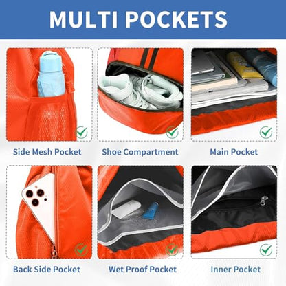 Drawstring Backpack Gym Bag with Shoe Compartment - Ideal for Basketball, Swimming, Beach Activities, Unisex - color: Red