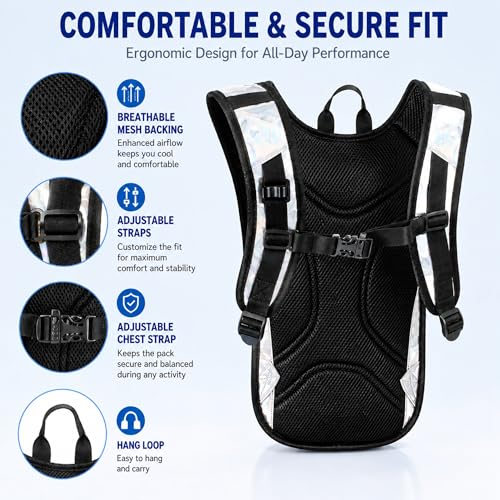 Reflective Hydration Backpack, Hydration Pack - Water Backpack with 2L Hydration Bladder, Essential for Festivals - Rave Hydration Pack for Hiking, Running, Cycling, and Festivals - color: Pearl White