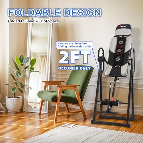Teclor Inversion Table,Advanced Heat and Massage Function,Strength Training Inversion Table for Back Pain Relief,Heavy Duty Inversion Table 350 lbs Capacity with Wider and Thickened Backrest - color: Silver/Black