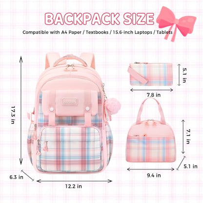 3Pcs Cute Backpack for Girls with Lunch Box & Pencil Case, Large Capacity Kids Bookbag for Elementary Middle School Students Waterproof Kawaii Preppy Aesthetic Plaid Backpack Age 4-16 - color: 3pcs Black Purple