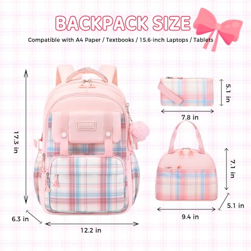 3Pcs Cute Backpack for Girls with Lunch Box & Pencil Case, Large Capacity Kids Bookbag for Elementary Middle School Students Waterproof Kawaii Preppy Aesthetic Plaid Backpack Age 4-16 - color: 3pcs Blue