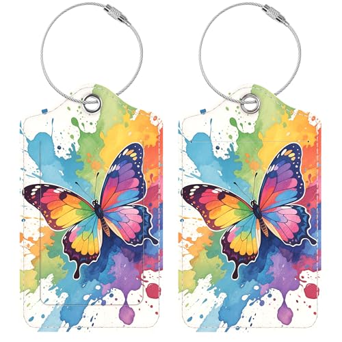 Luggage Tags for Suitcases, 2 Pack Cute PU Leather Luggage Tag TSA Approved with Stainless Steel Loop and Address Card Baggage Tag for Travel&Cruise Ships&Shipping Vibrant Butterflies, by Chelmon - color: Vibrant Butterflies