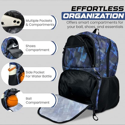 Soccer & Basketball Sports Bag with Ball Pump - Basketball Backpack with Separate Ball & Shoes Holder Compartment, Soccer Basketball Football & Volleyball Bag with Large Capacity - color: Blue