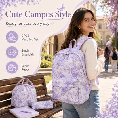 Bluboon Teens Backpack Set Girls School Backpack Lunch Box Pencil Bags Student Bookbags 3 in 1 (Purple Floral 277) - color: Purple Floral 277