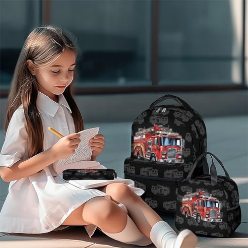 Kids Backpack Set for Boys, 17 Inch Backpacks with Lunch Box for Kids, 3 in 1 Cute Fire Truck Bookbag for School Travel - color: Style-4