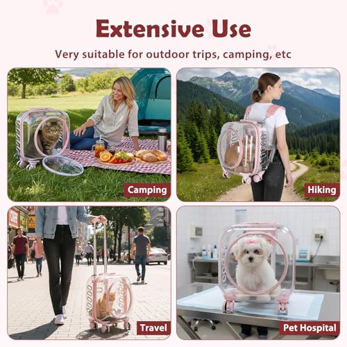 Cat Carrier Backpack with Silent Wheels, Clear Cat Stroller with Ventilation Holes, Telescopic Handle, Convenient Portable Cats Dogs Backpack for Travel (Light Pink-B) - color: Light Pink-B