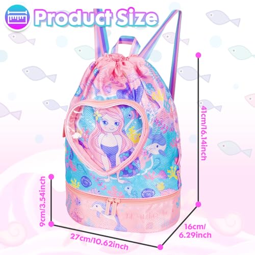 Drawstring Backpack for Kids Girls, Cute Cartoon Mermaid Waterproof Drawstring Bag String Swim Gym Sports Beach Bag with Shoes Compartment and Wet Proof Pocket - color: J07. Mermaid