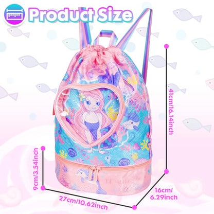 Drawstring Backpack for Kids Girls, Cute Cartoon Mermaid Waterproof Drawstring Bag String Swim Gym Sports Beach Bag with Shoes Compartment and Wet Proof Pocket - color: J07. Mermaid