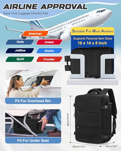 Travel Backpack for Women Men, Flight Approved Carry On Backpack with Compression Vacuum Storage Bags, 18x14x8 inches Personal Item Travel Bag with Pump Black - color: Black