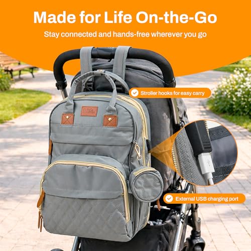 Diaper Bag Backpack with Changing Station – Large Baby Diaper Bag with 19 Pockets, USB Port, Waterproof, Insulated Bottle Holders, Stroller Straps – Travel Maternity Bag – Grey - color: Grey