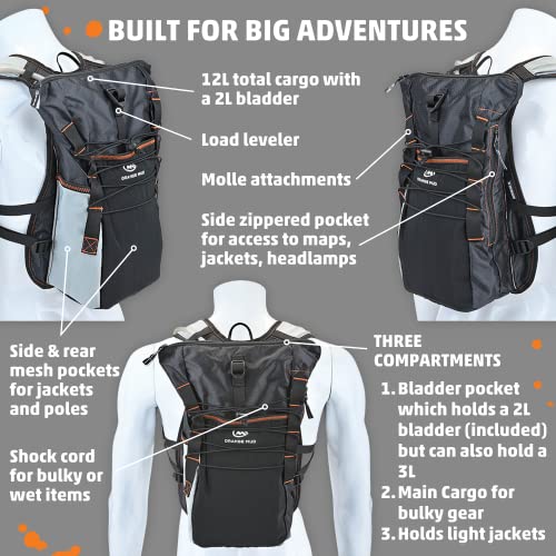 Orange Mud Adventure Pack 12L 3.0 – Black Hydration Backpack with 2 L Bladder Included – Trail Running, Adventure Racing, Hiking & MTB Gear Pack - color: Black, size: 12L, style: With Trekking Pole Hardware